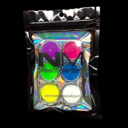 Pigment neon mix kleuren 6x (paars,geel,wit,blauw,groen,rood)